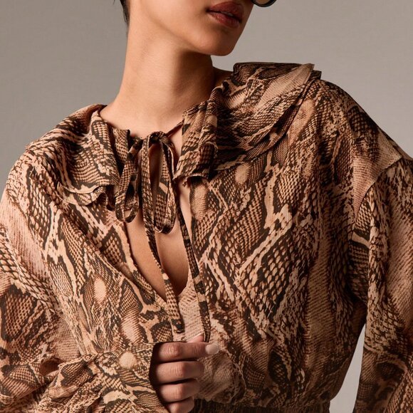 Multicolor Boho Women's Balloon Sleeve Snake Print Maxi Dress - Picture 4 of 5